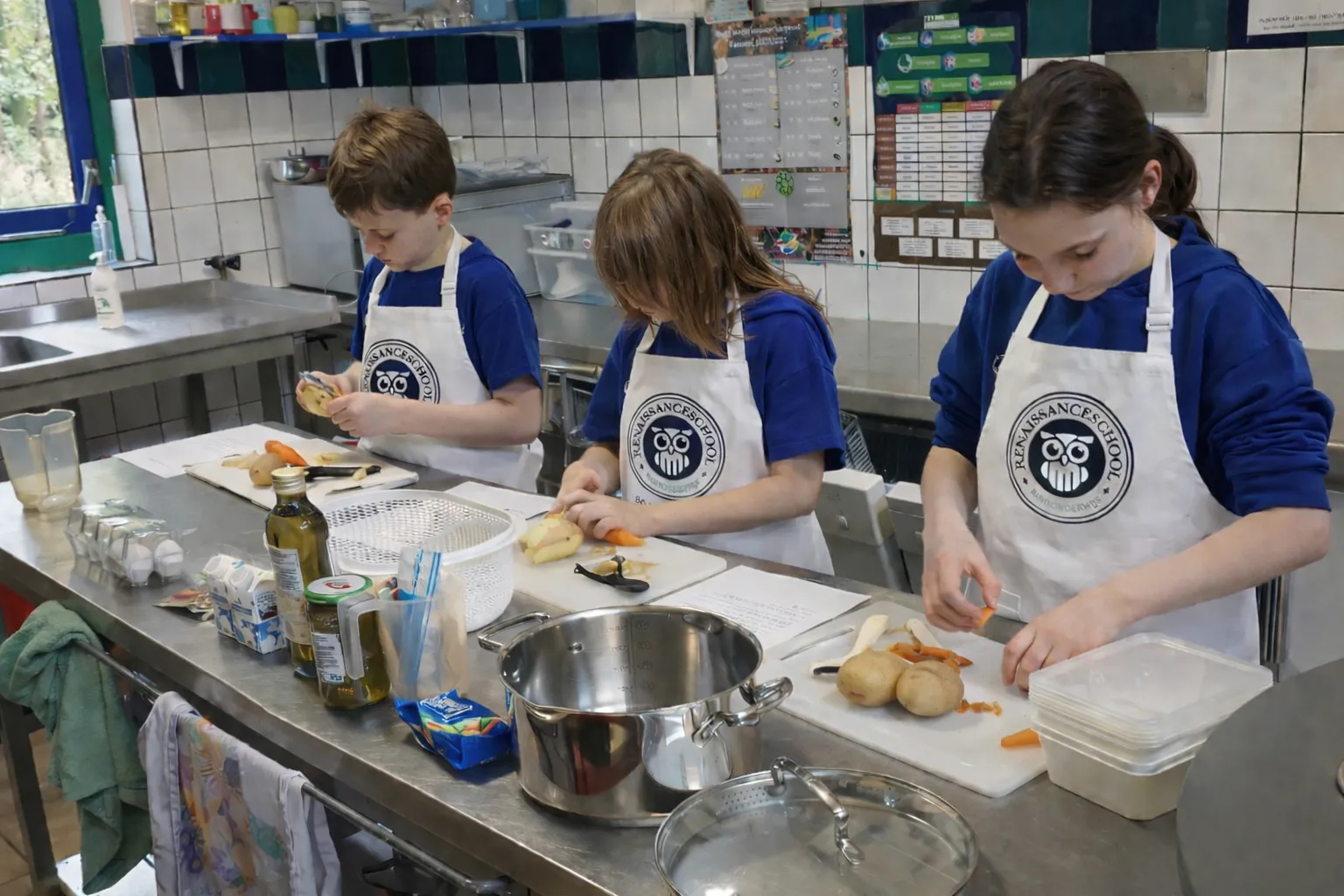 Kinderen koken in de schoolkeuken